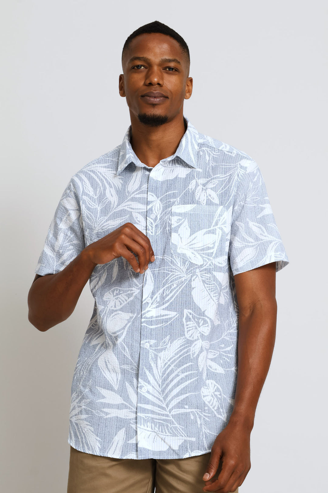 Short Sleeve Leaf Print Shirt - Blue/White