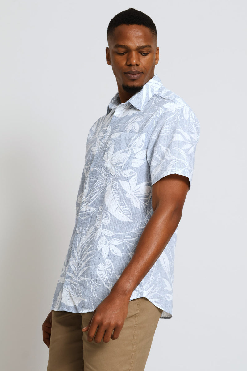 Short Sleeve Leaf Print Shirt - Blue/White