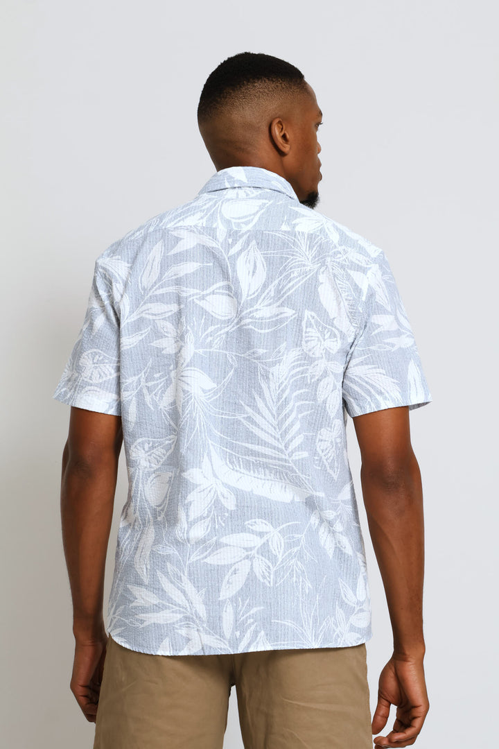 Short Sleeve Leaf Print Shirt - Blue/White