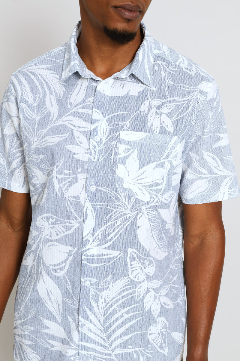 Short Sleeve Leaf Print Shirt - Blue/White