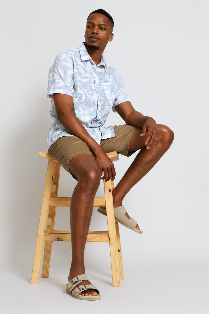 Short Sleeve Leaf Print Shirt - Blue/White