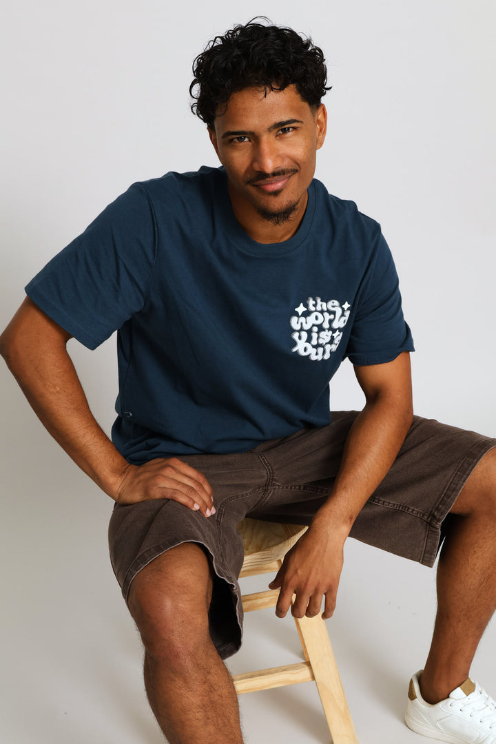 World Is Yours Front & Back Print Tee - Petrol
