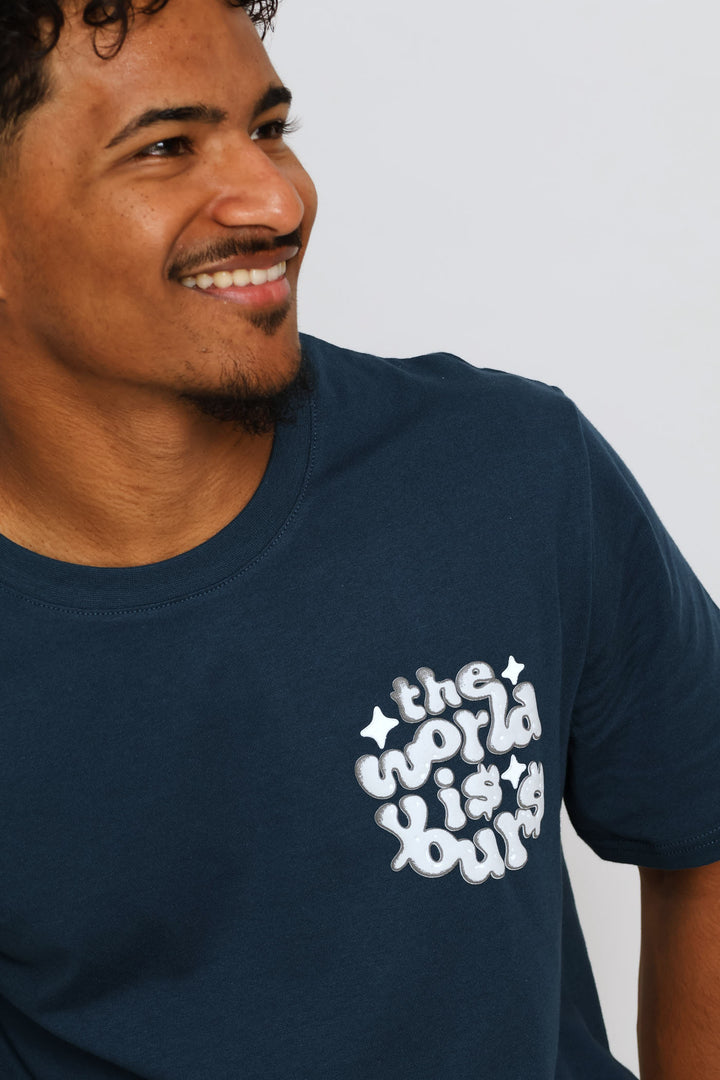 World Is Yours Front & Back Print Tee - Petrol