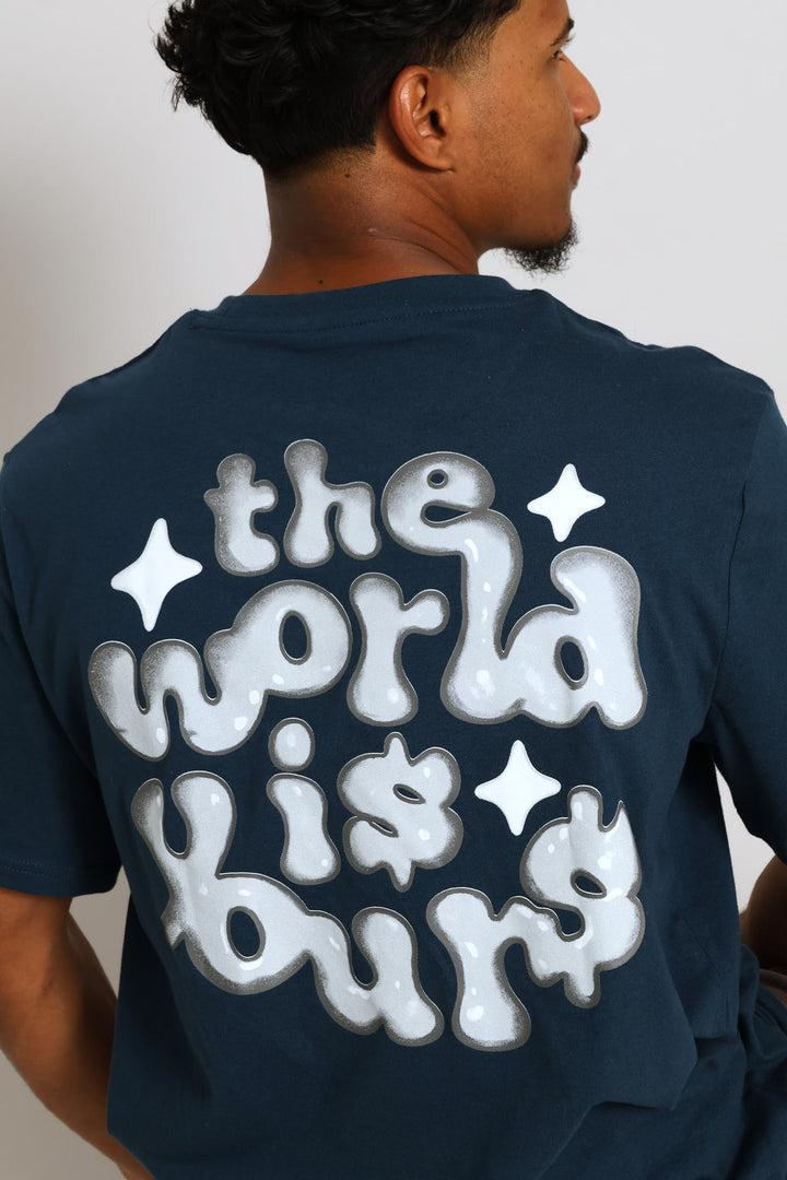 World Is Yours Front & Back Print Tee - Petrol