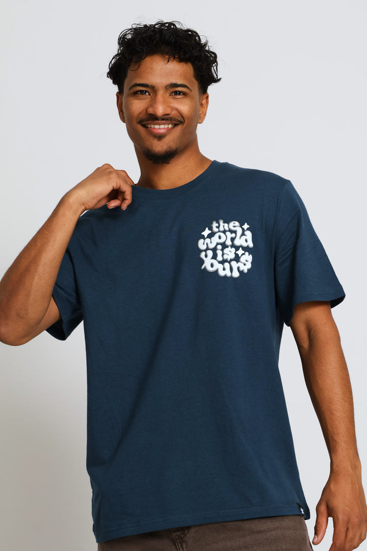 World Is Yours Front & Back Print Tee - Petrol