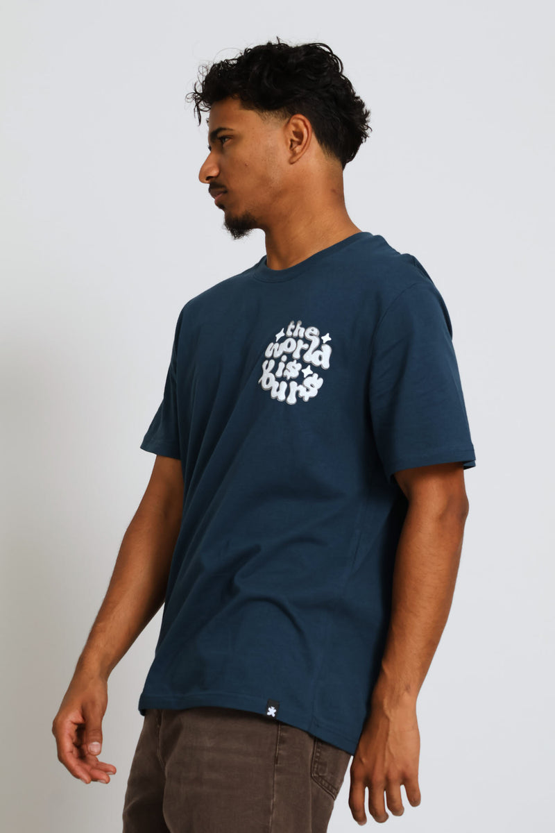 World Is Yours Front & Back Print Tee - Petrol
