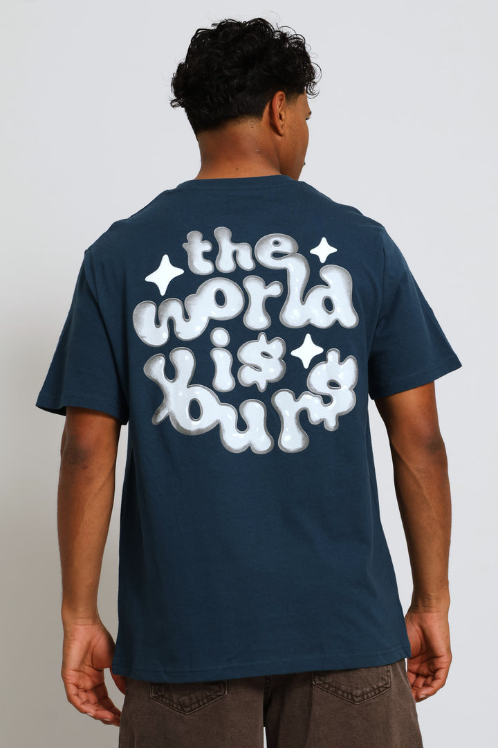 World Is Yours Front & Back Print Tee - Petrol