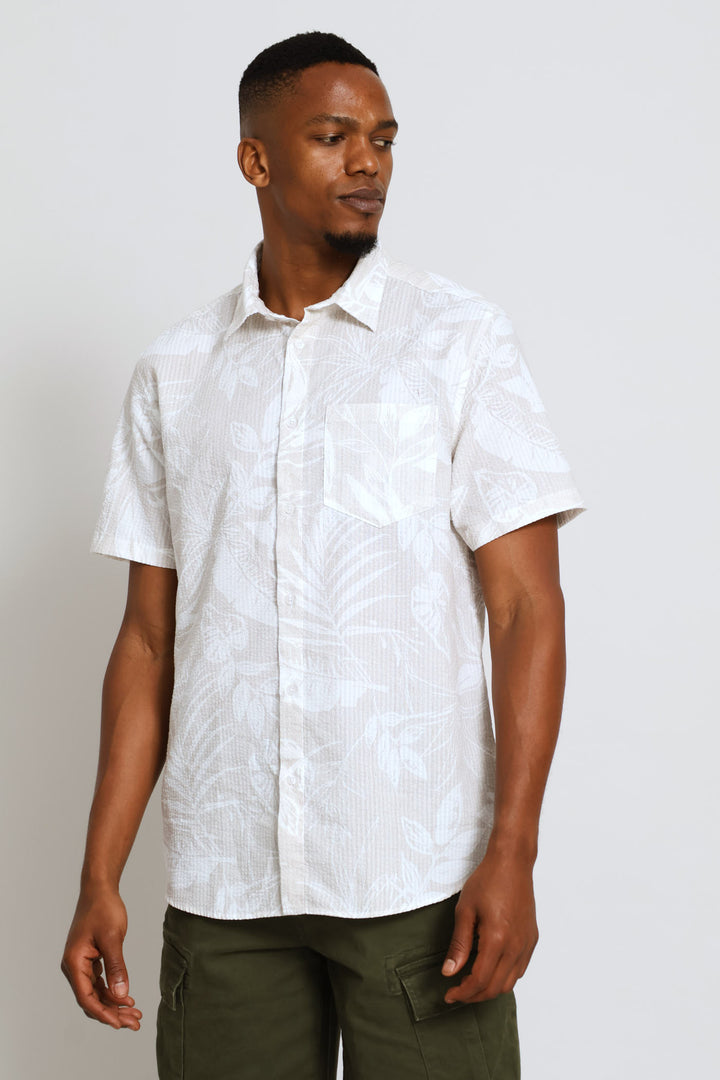 Short Sleeve Leaf Print Shirt - Stone/Ecru