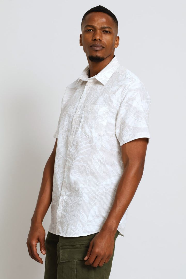 Short Sleeve Leaf Print Shirt - Stone/Ecru