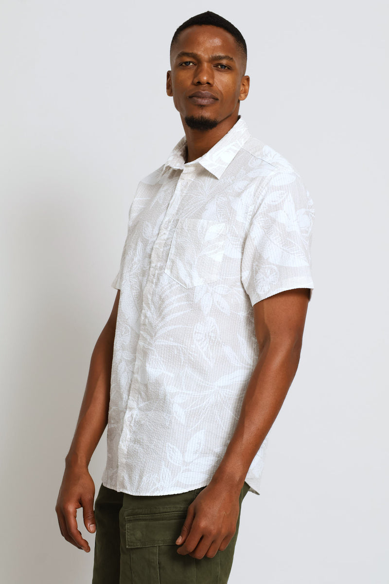 Short Sleeve Leaf Print Shirt - Stone/Ecru