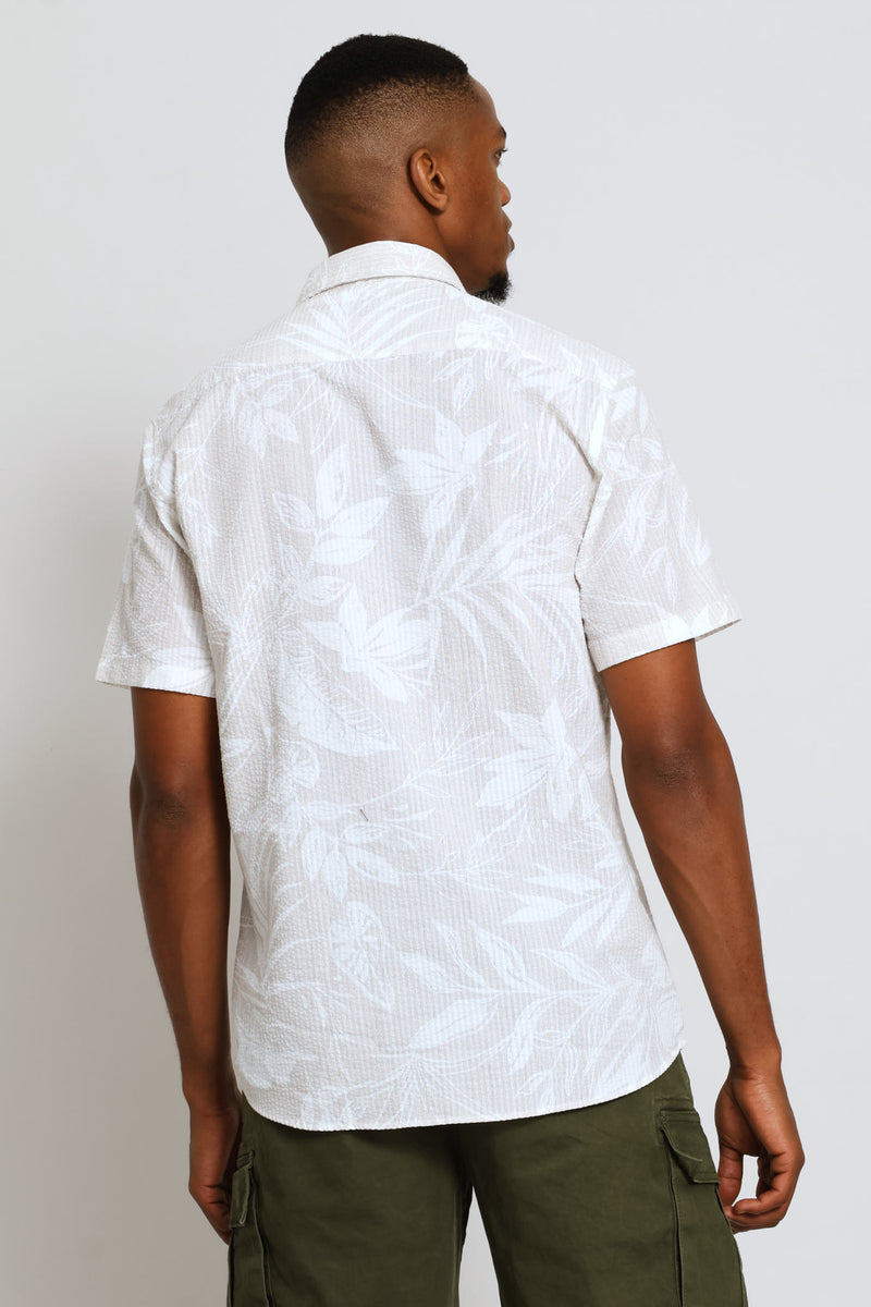 Short Sleeve Leaf Print Shirt - Stone/Ecru