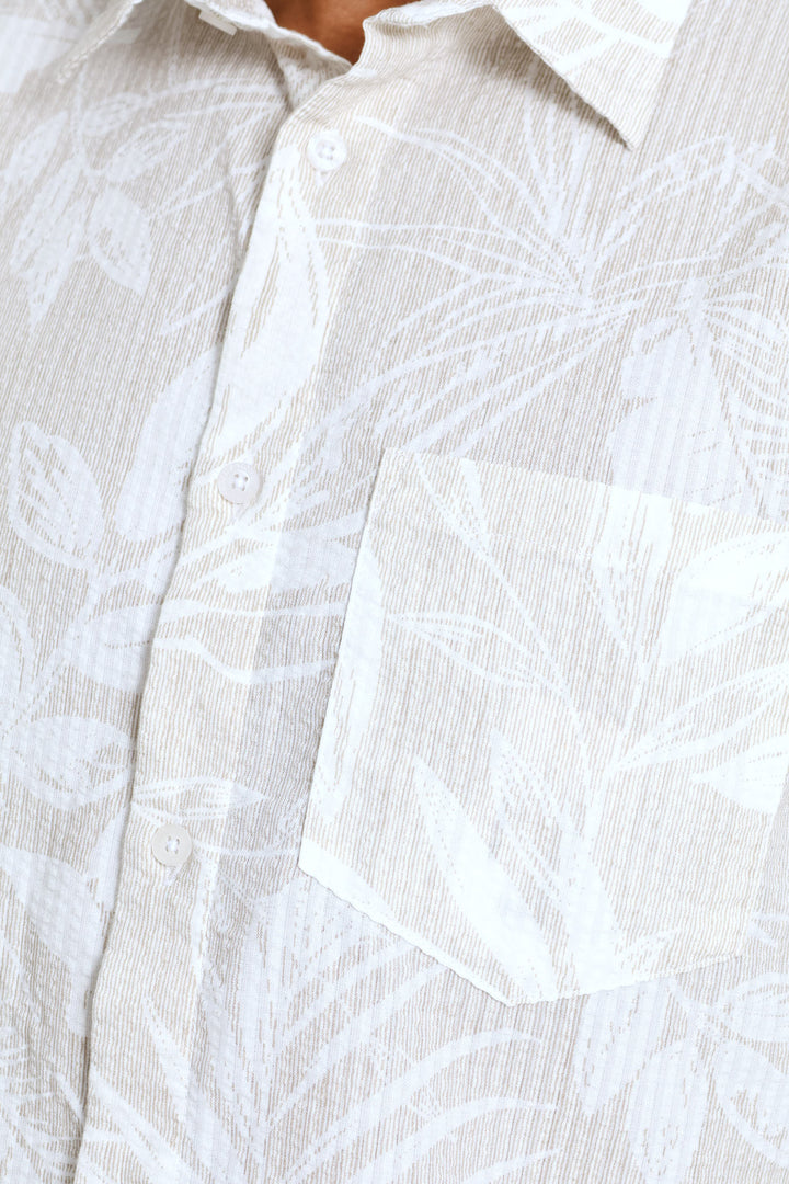 Short Sleeve Leaf Print Shirt - Stone/Ecru