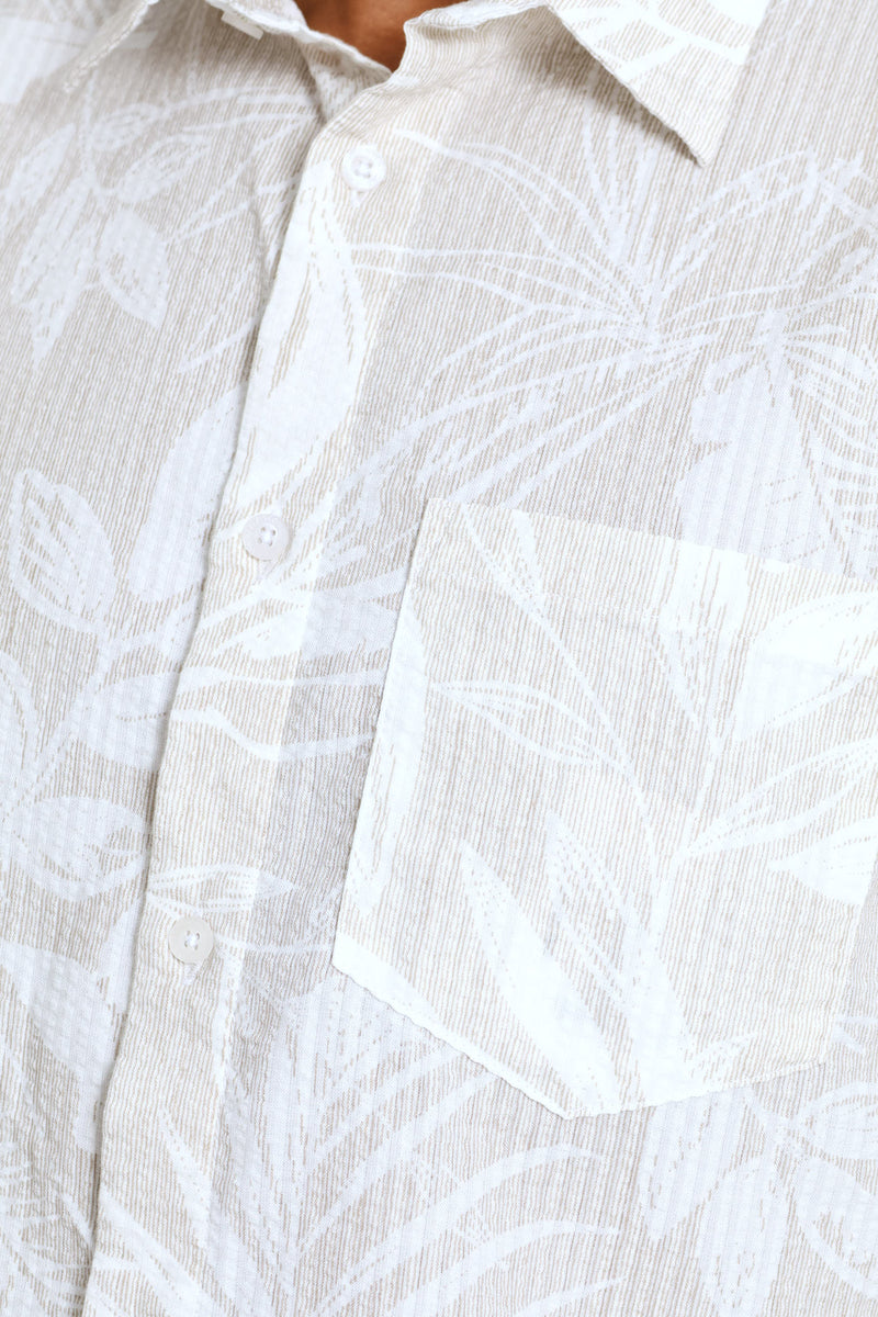 Short Sleeve Leaf Print Shirt - Stone/Ecru