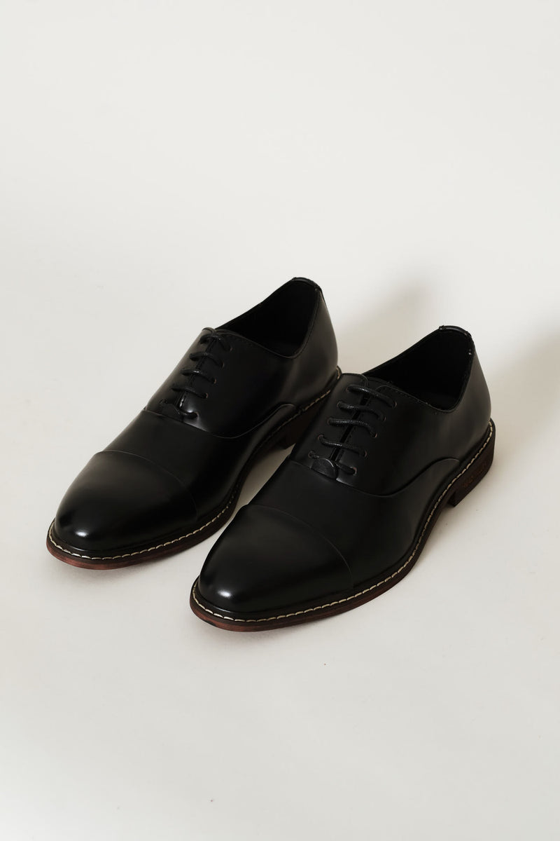 Leather Oxford Formal Shoe With Toe Cap - Black