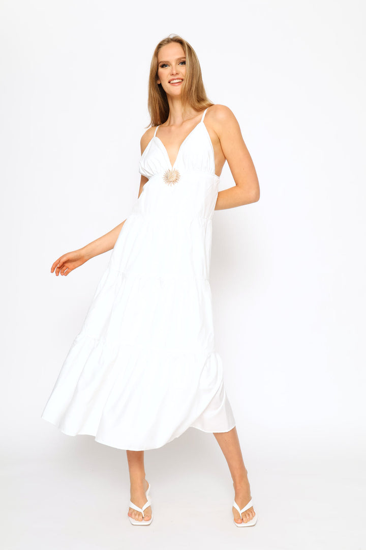 V-Neck Strappy Woven Tiered Maxi Dress - White