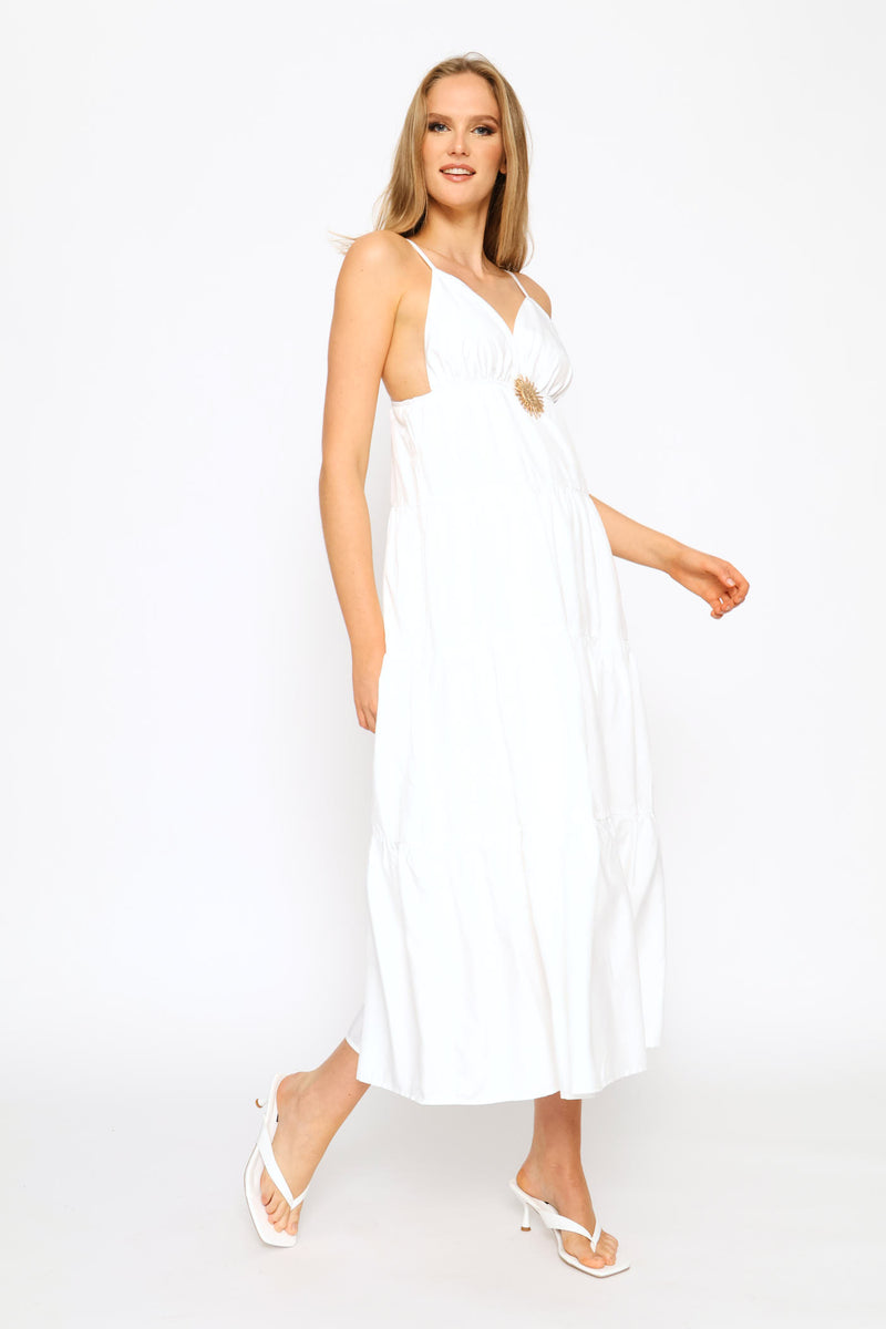 V-Neck Strappy Woven Tiered Maxi Dress - White