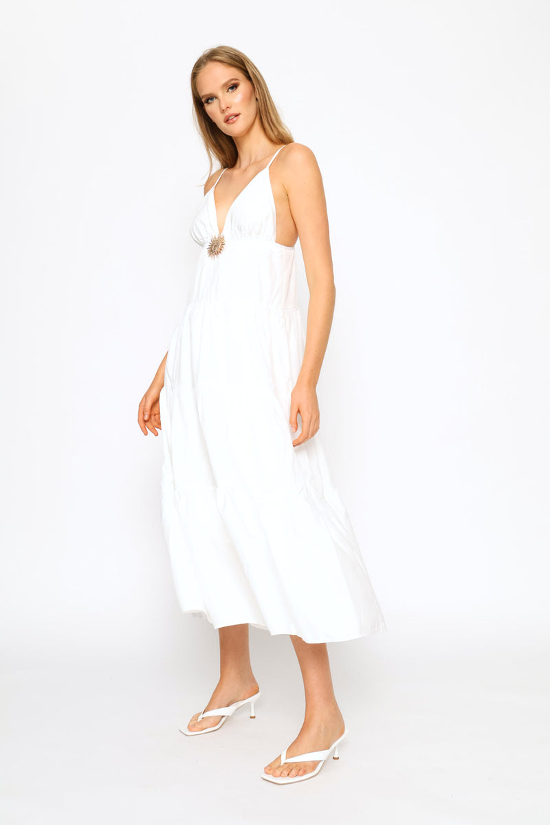 V-Neck Strappy Woven Tiered Maxi Dress - White