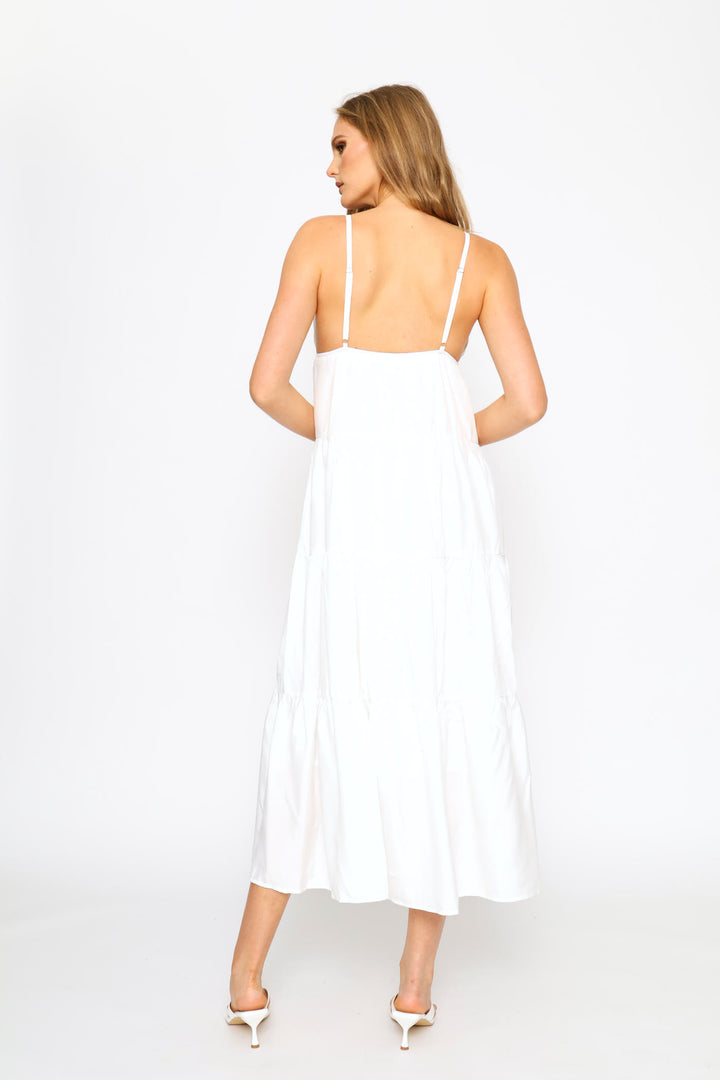 V-Neck Strappy Woven Tiered Maxi Dress - White