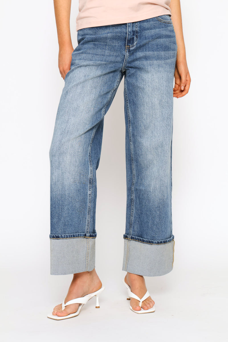 Ziyanda Turn Up Wide Leg Denim Jean - Medium Wash