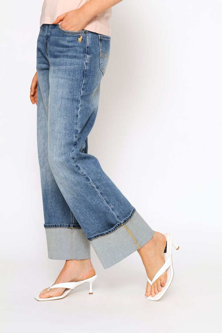 Ziyanda Turn Up Wide Leg Denim Jean - Medium Wash