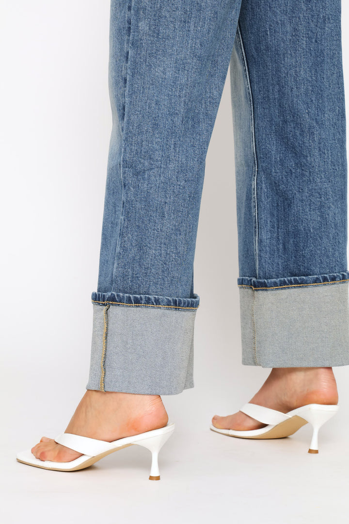 Ziyanda Turn Up Wide Leg Denim Jean - Medium Wash