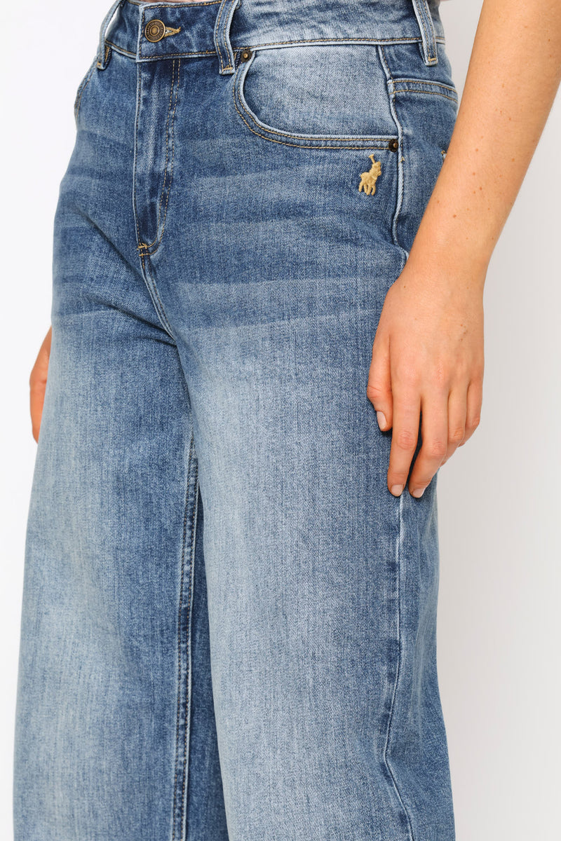 Ziyanda Turn Up Wide Leg Denim Jean - Medium Wash