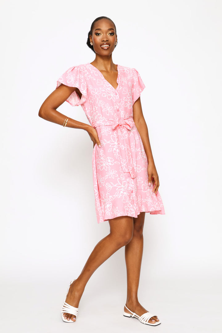 Frill Sleeve V-Neck Button Through Belted Mini Dress - White/Pink