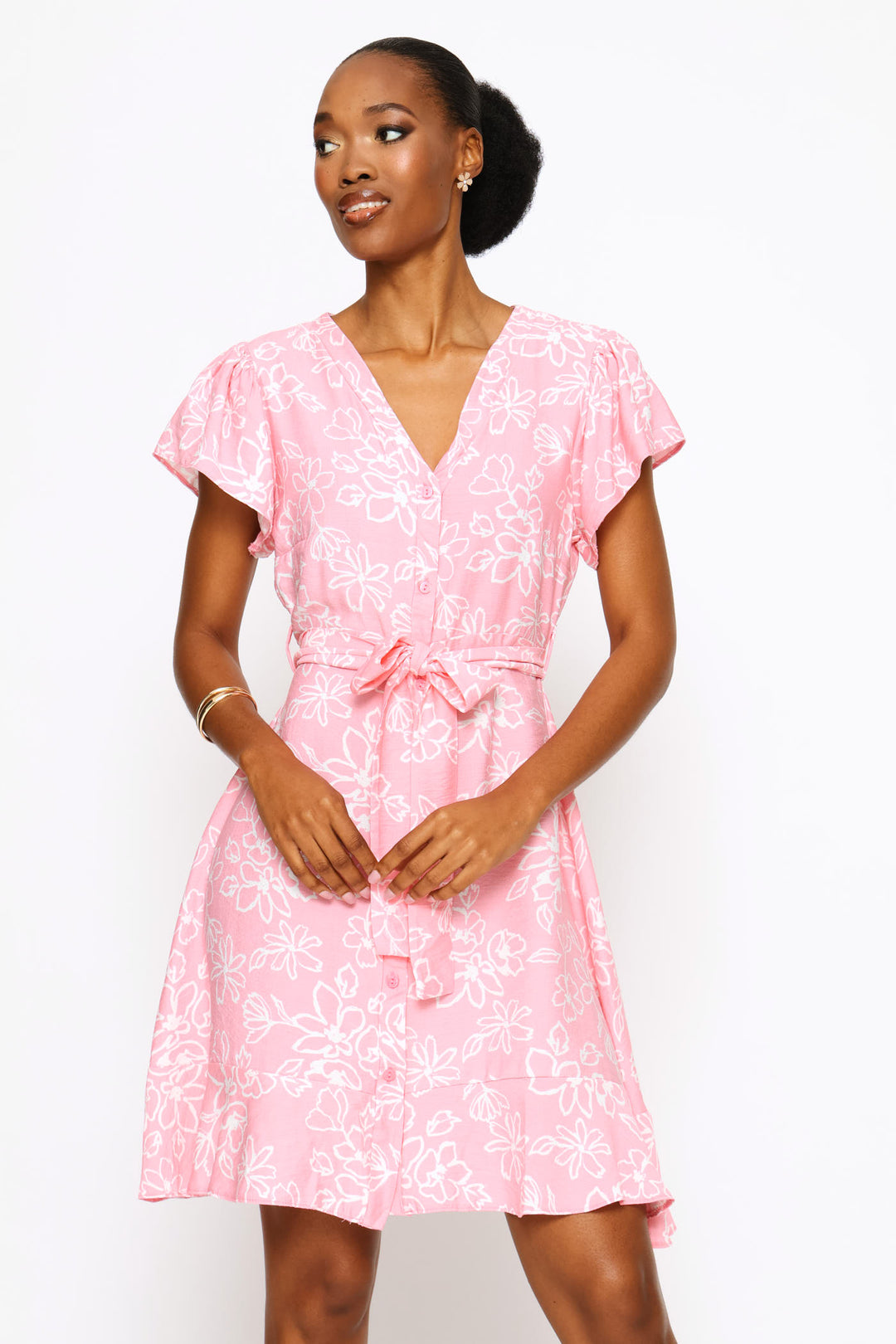 Frill Sleeve V-Neck Button Through Belted Mini Dress - White/Pink