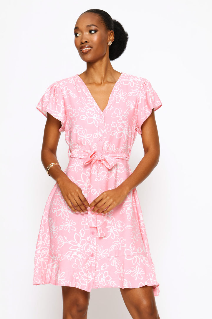Frill Sleeve V-Neck Button Through Belted Mini Dress - White/Pink