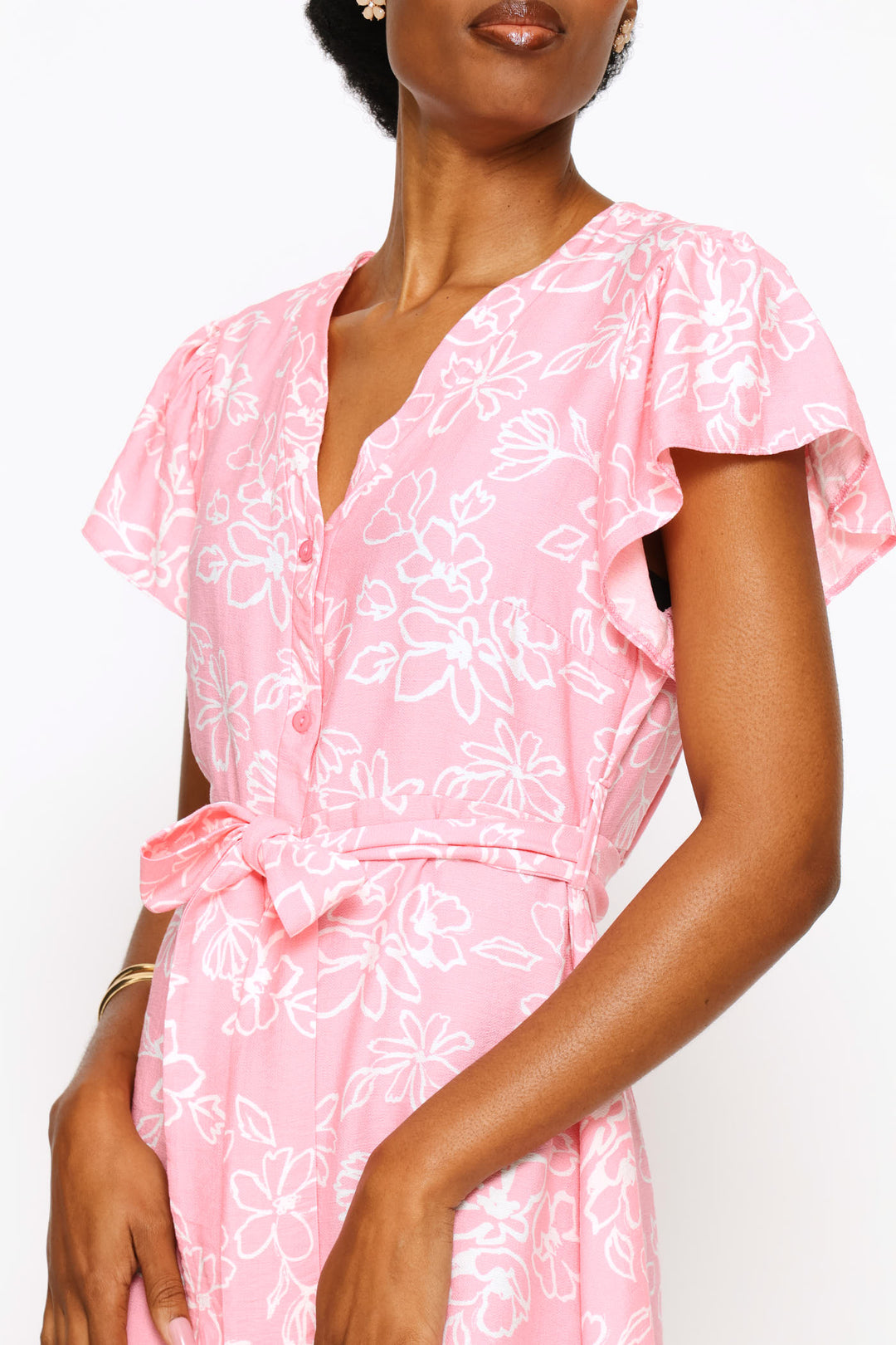 Frill Sleeve V-Neck Button Through Belted Mini Dress - White/Pink