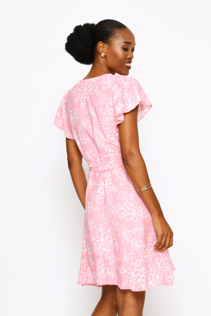 Frill Sleeve V-Neck Button Through Belted Mini Dress - White/Pink