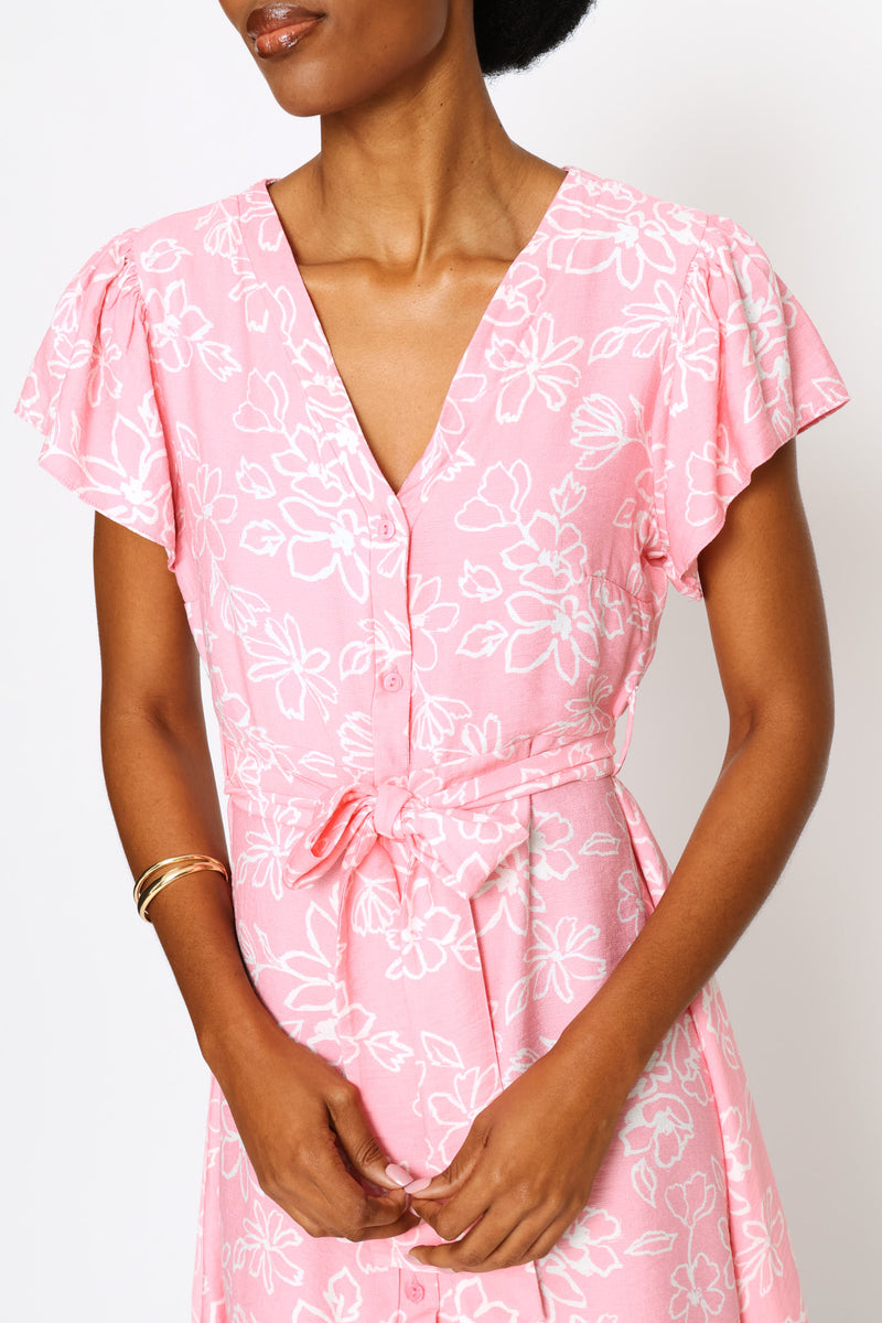 Frill Sleeve V-Neck Button Through Belted Mini Dress - White/Pink