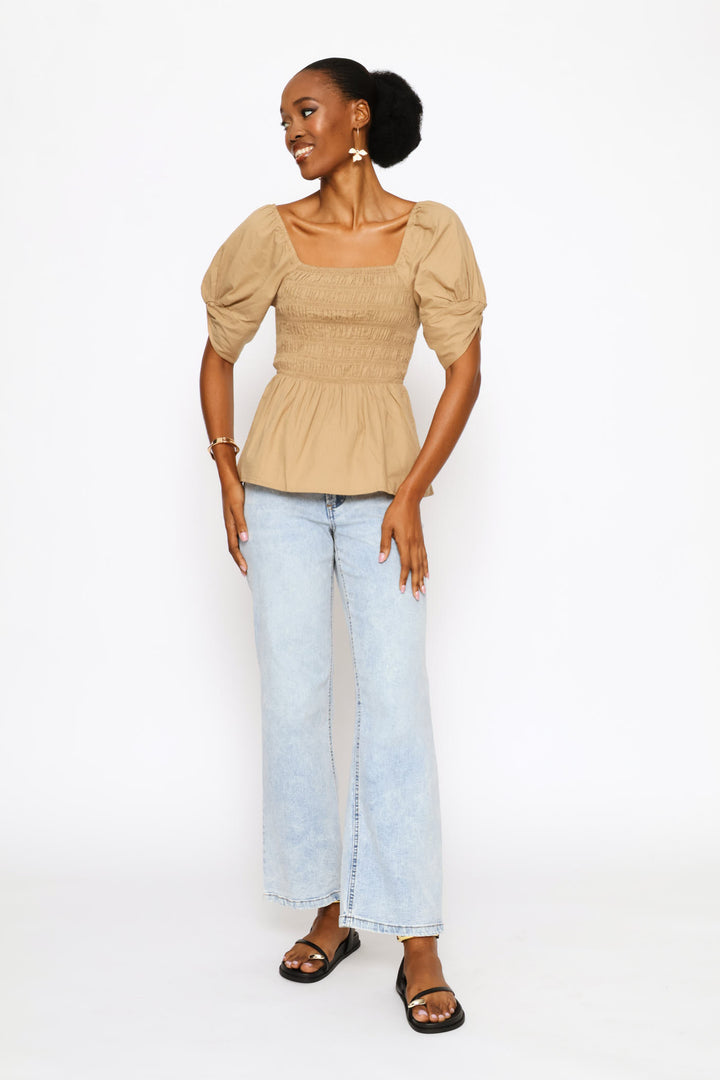 Puff Sleeve Square Neck Shirred Blouse - Dark Beige
