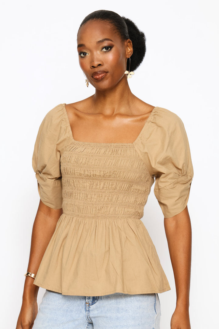 Puff Sleeve Square Neck Shirred Blouse - Dark Beige