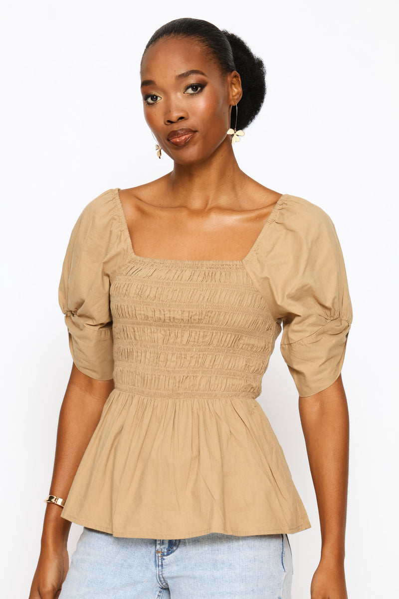 Puff Sleeve Square Neck Shirred Blouse - Dark Beige