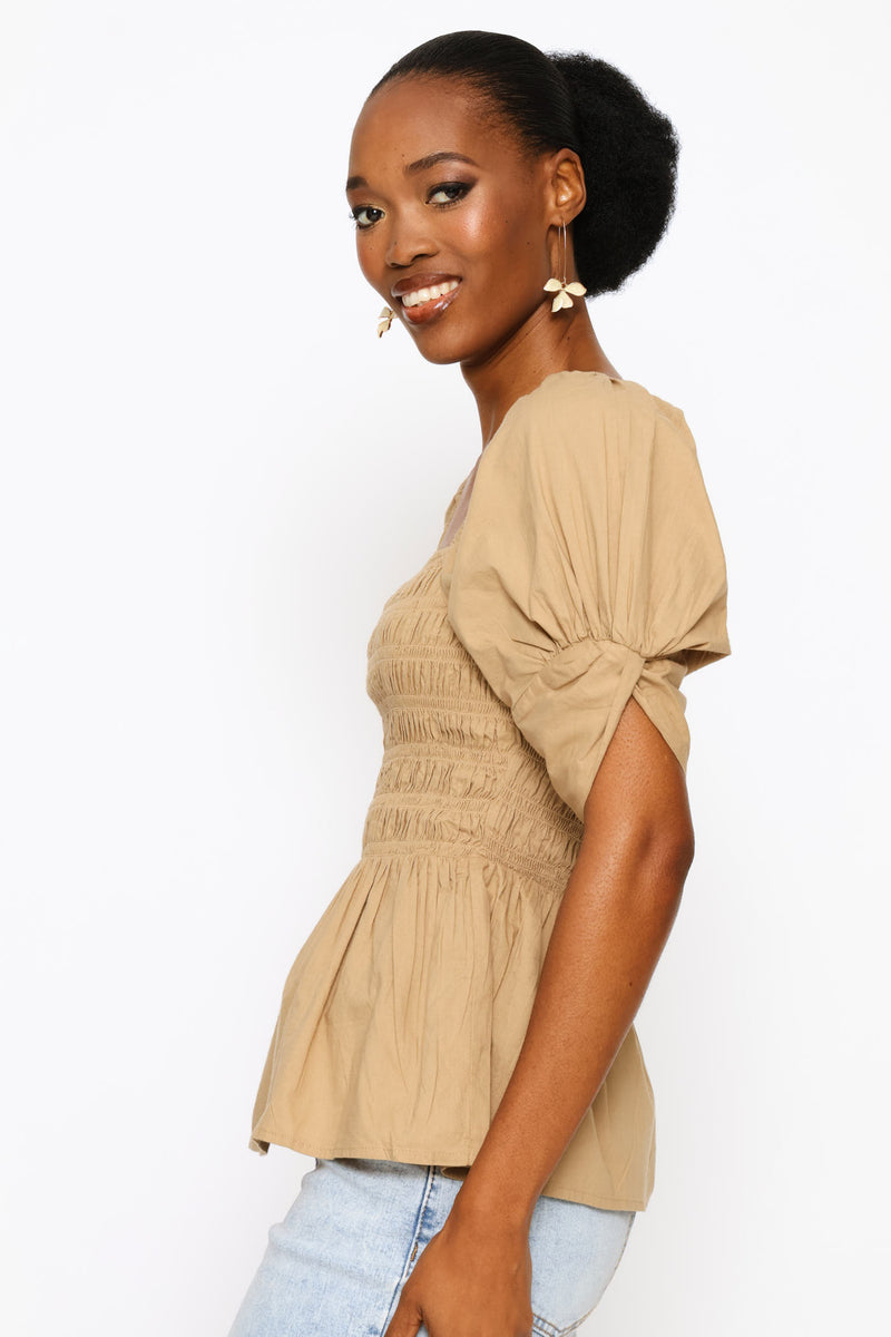 Puff Sleeve Square Neck Shirred Blouse - Dark Beige