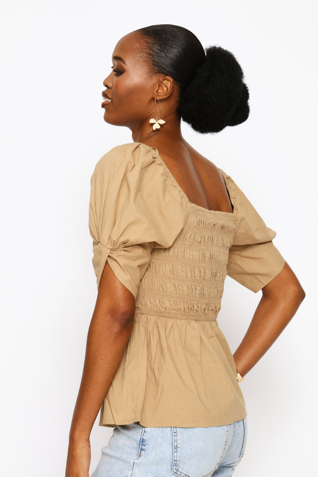 Puff Sleeve Square Neck Shirred Blouse - Dark Beige