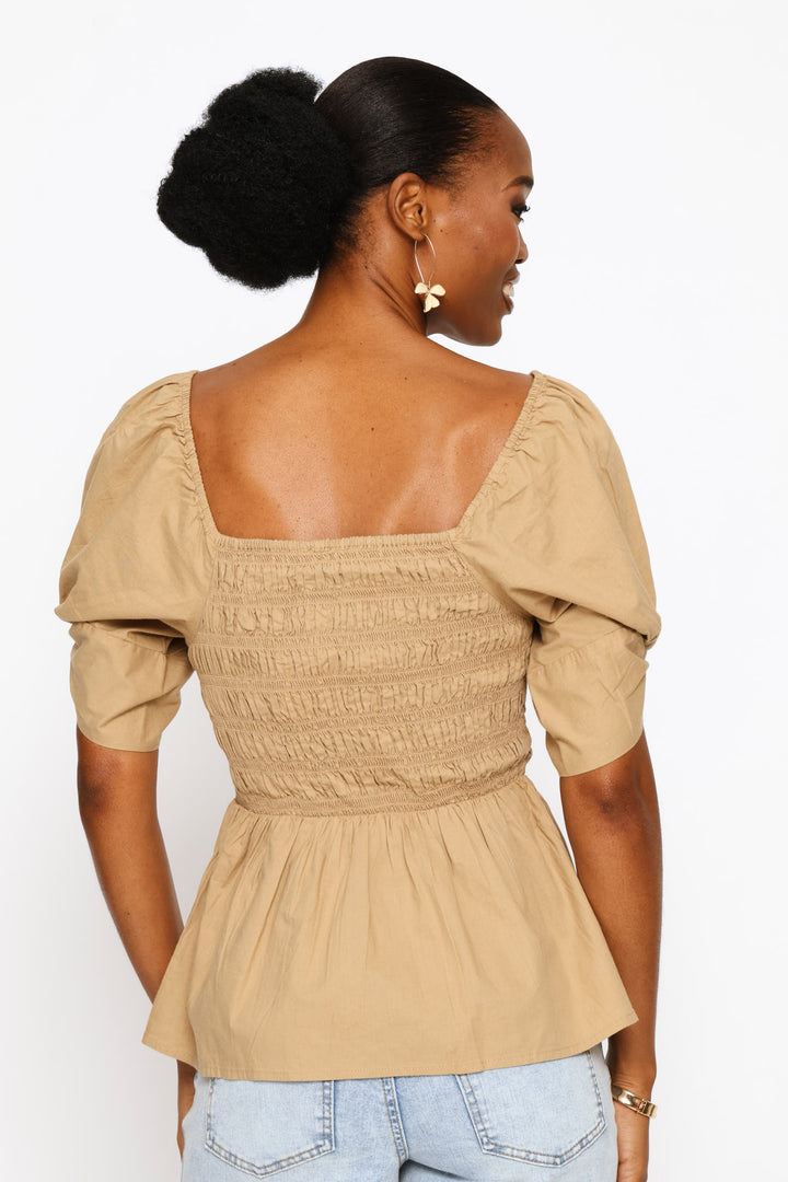 Puff Sleeve Square Neck Shirred Blouse - Dark Beige