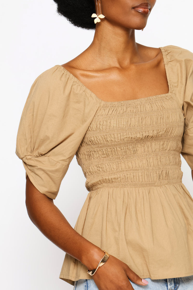Puff Sleeve Square Neck Shirred Blouse - Dark Beige