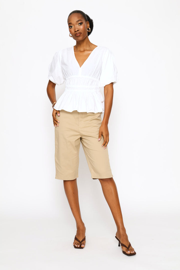 Bubble Sleeve V-Neck Peplum Blouse - White