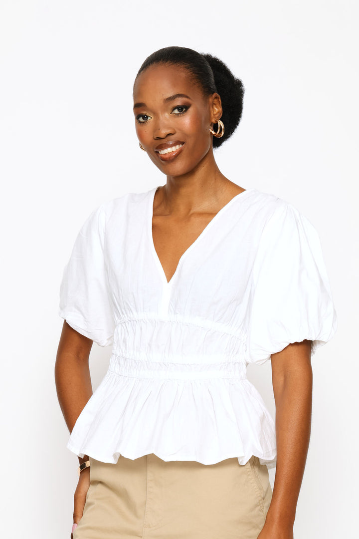 Bubble Sleeve V-Neck Peplum Blouse - White