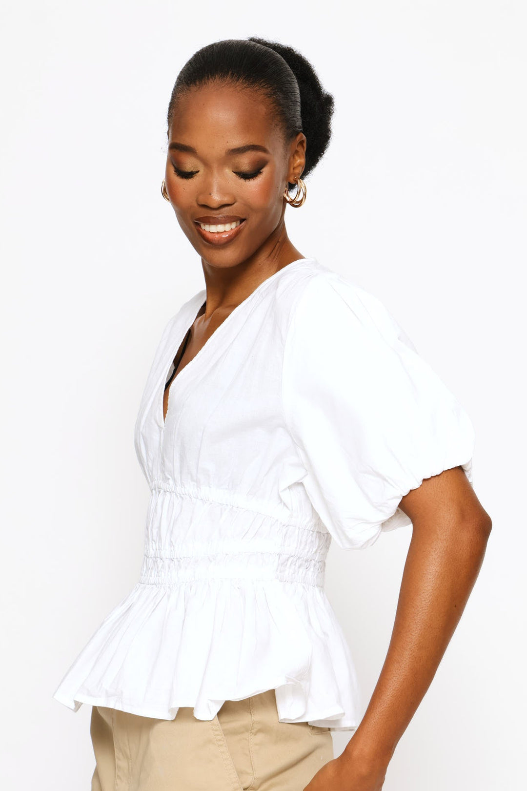 Bubble Sleeve V-Neck Peplum Blouse - White