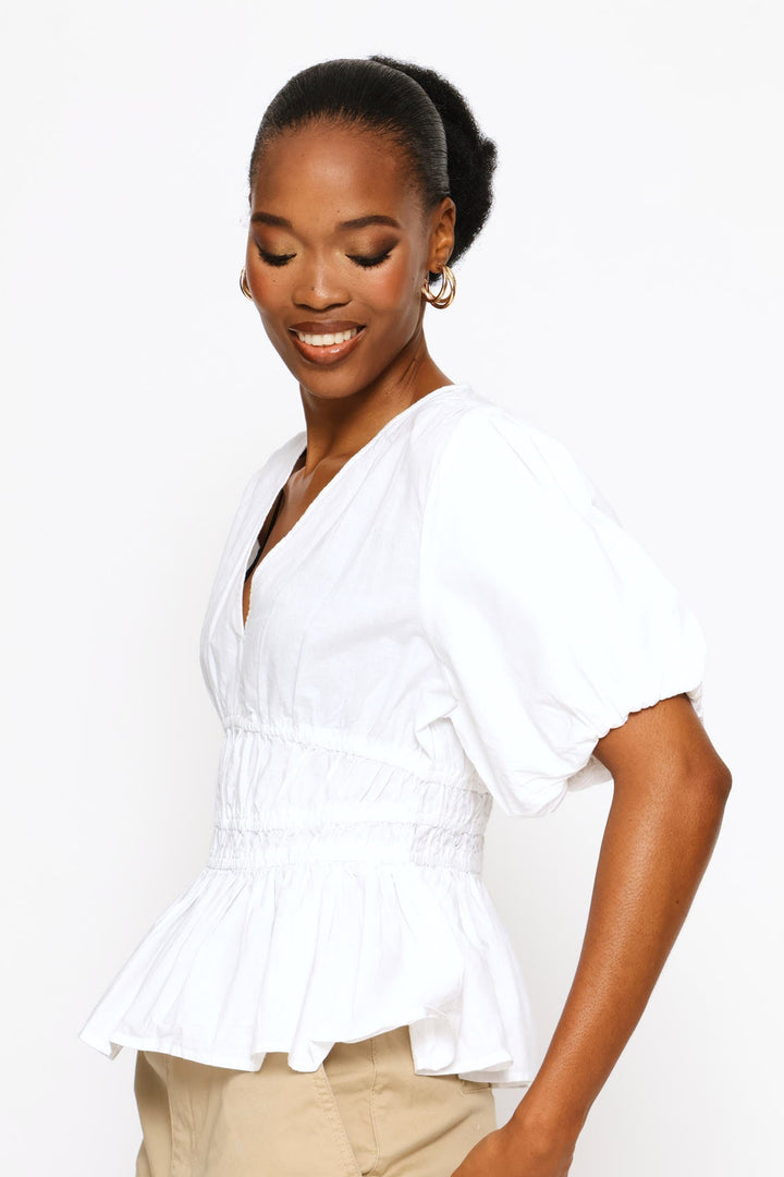 Bubble Sleeve V-Neck Peplum Blouse - White