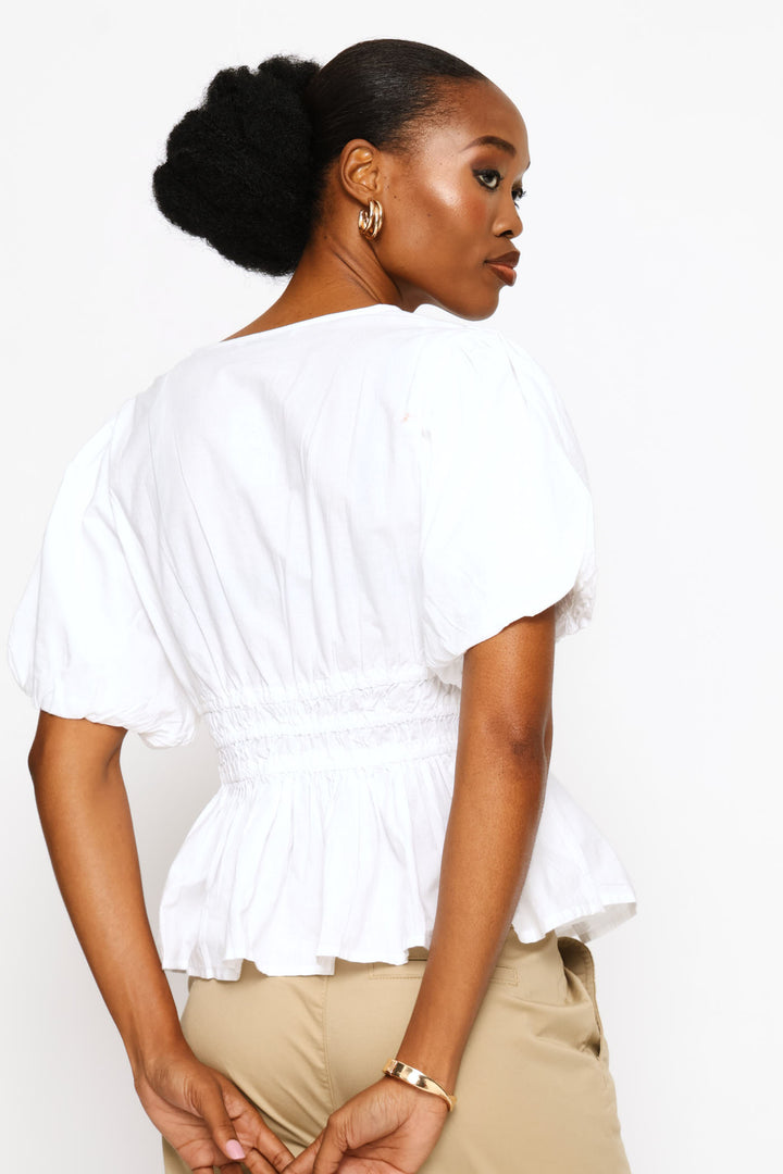 Bubble Sleeve V-Neck Peplum Blouse - White