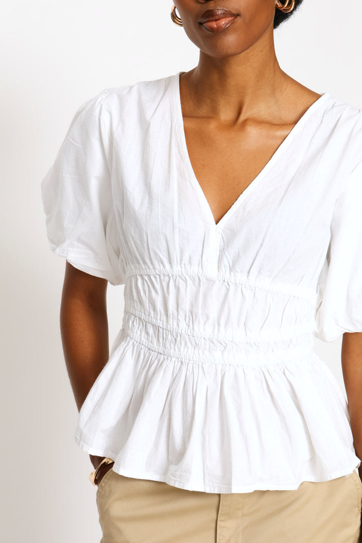 Bubble Sleeve V-Neck Peplum Blouse - White