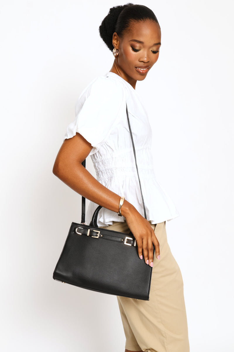 Gold Hardware Belt Tote Bag - Black