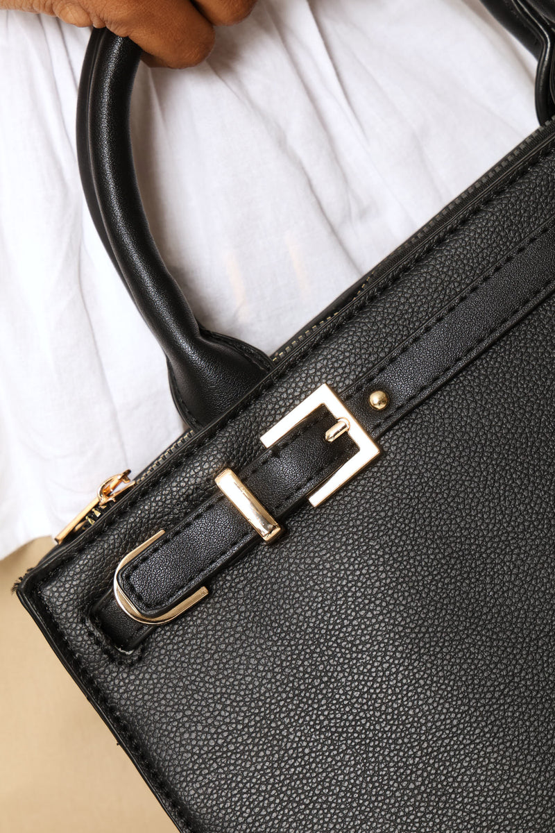 Gold Hardware Belt Tote Bag - Black