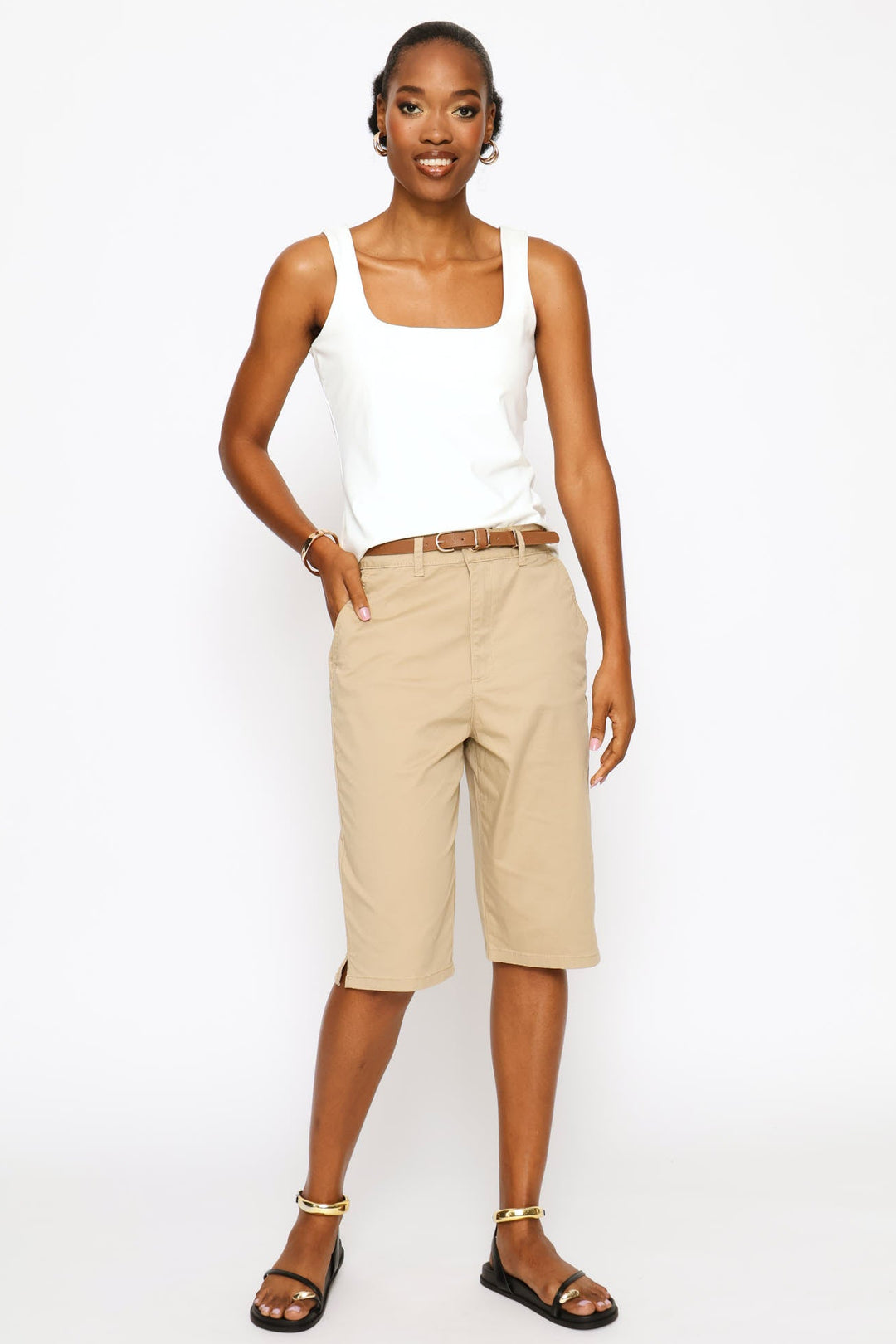 Belted Sateen Bermuda Chino Shorts - Light Stone