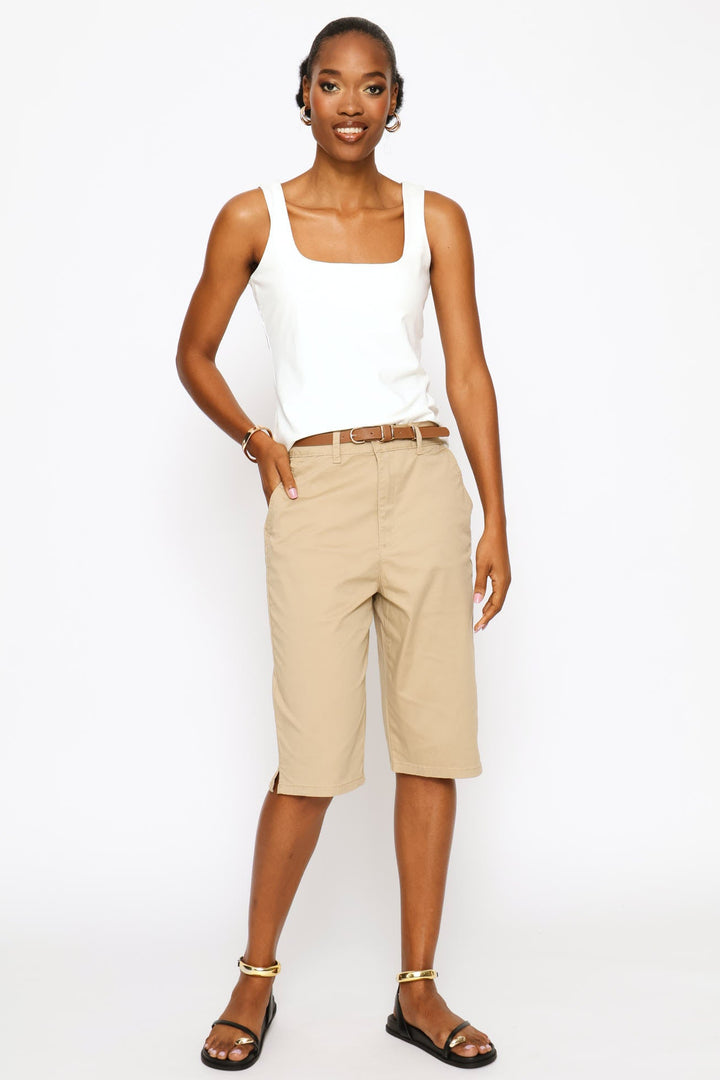 Belted Sateen Bermuda Chino Shorts - Light Stone