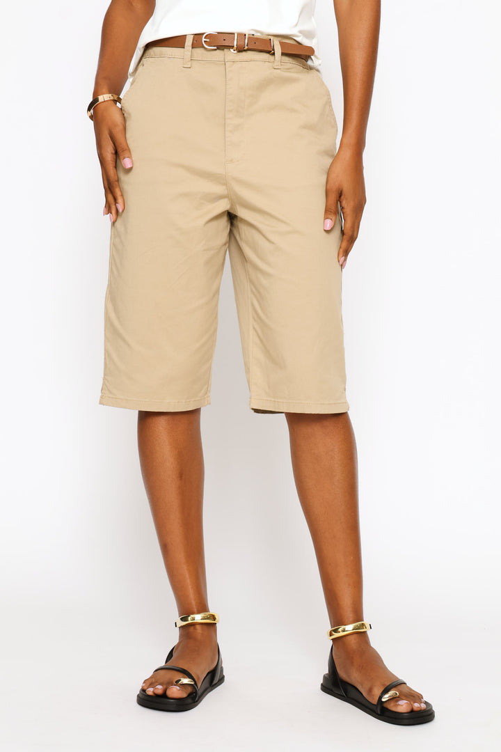 Belted Sateen Bermuda Chino Shorts - Light Stone